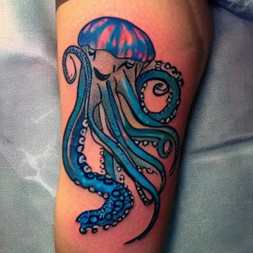 Image similar to octopus protects a mermaid pinup, tattoo