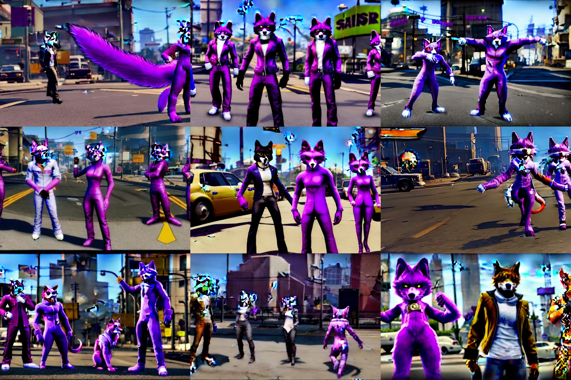 Prompt: with tails attachaed, screenshot of furries / fursuiters in saints row