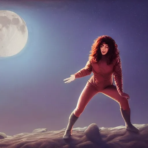 Prompt: A hyper real comic book style portait painting of Kate Bush on the moon, unreal 5, hyperrealistic, octane render, cosplay, RPG portrait, dynamic lighting