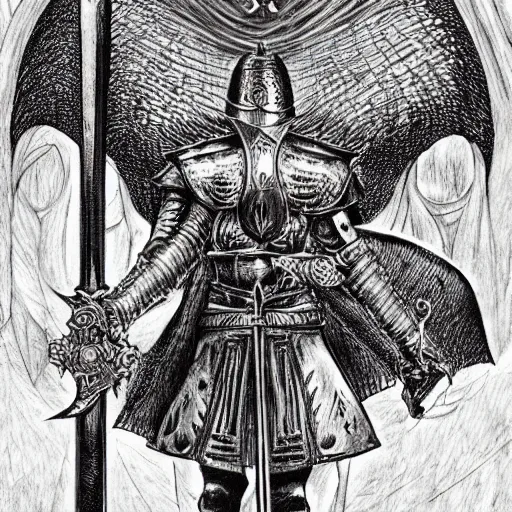 Prompt: a knight with a huge sword, kentaro miura, berserk, symmetrical, high detail