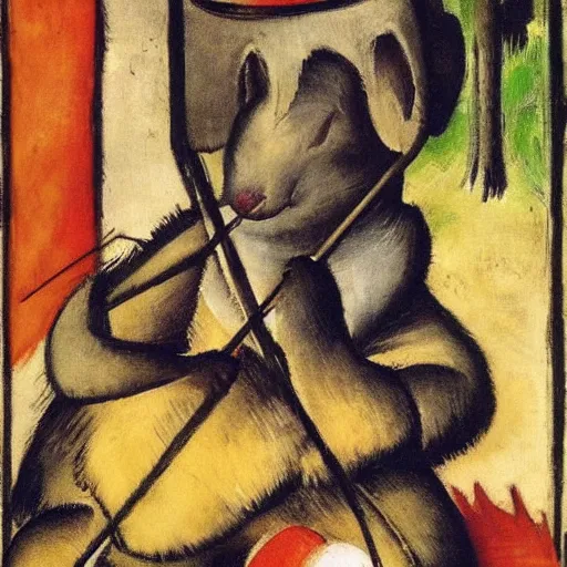 Prompt: mouse holding a drum, sitting in the forrest, medieval portrait, by franz marc