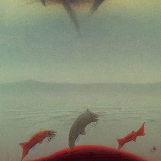 Prompt: salmon jumping out of a river by zdzisław beksinski