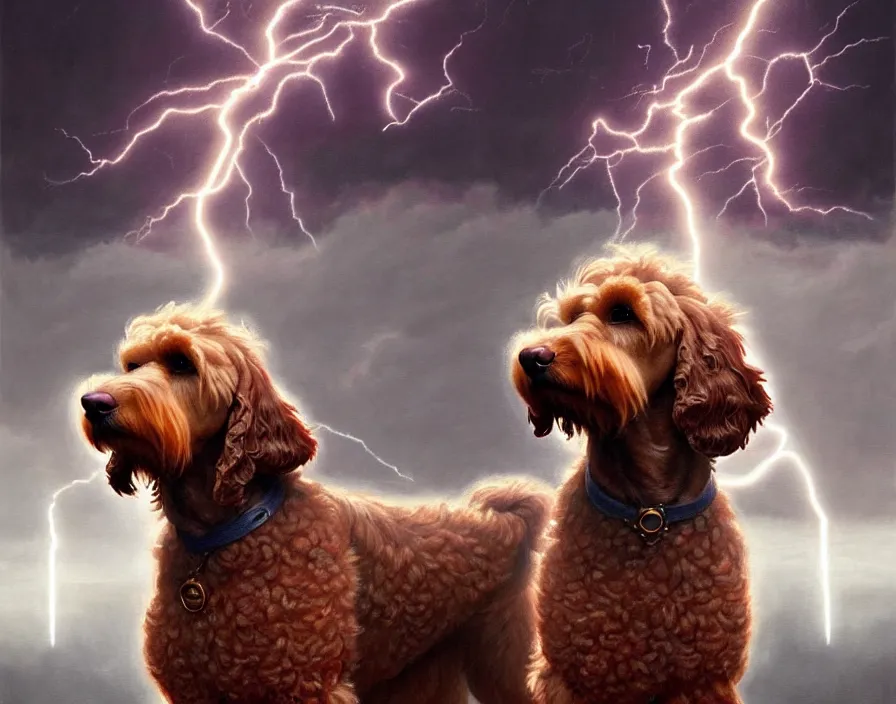 Image similar to an epic painting of a brown goldendoodle as zeus, shooting lightning bolts from his paws, by alex grey and greg rutkowski, intricate details, artstation, cinematic, hd, beautiful