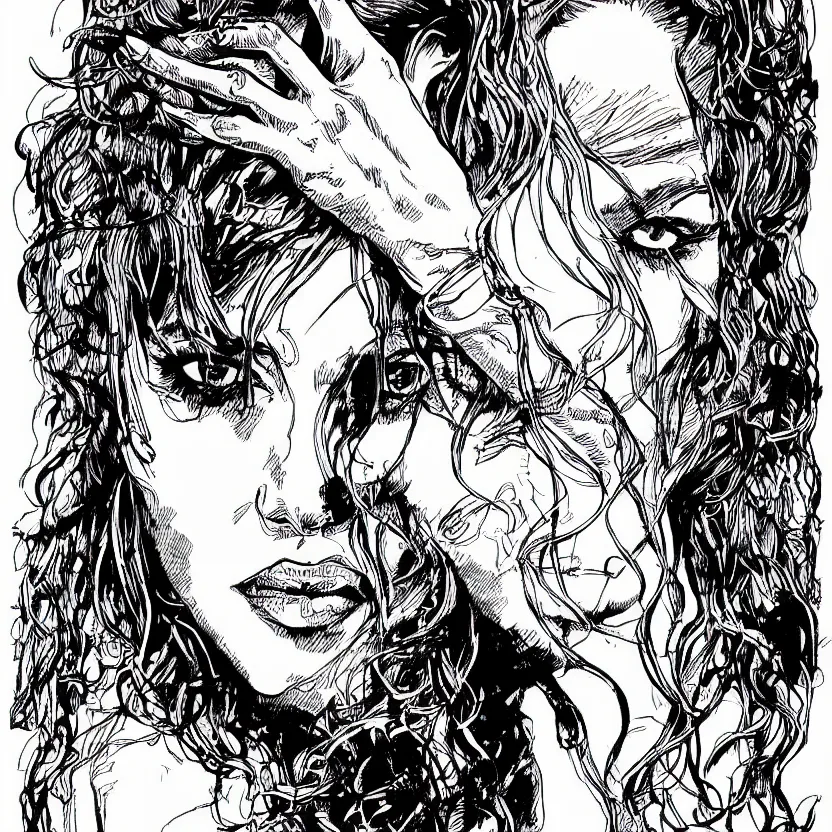 Image similar to portrait of shakira in the style of marc silvestri pen and ink drawing, high detail