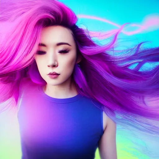 Image similar to a award winning half body shot of a beautiful woman in a croptop with a ombre purple pink teal hairstyle with head in motion and hair flying, outrun, vaporware, vivid colors, highly detailed, fine detail, intricate