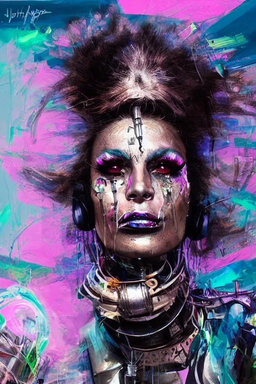 Image similar to portrait, headshot, digital painting, an delightfully mad, wholesome techno - shaman lady, metallic makeup, synthwave, glitch, fracture, realistic, hyperdetailed, chiaroscuro, concept art, painterly, art by john berkey