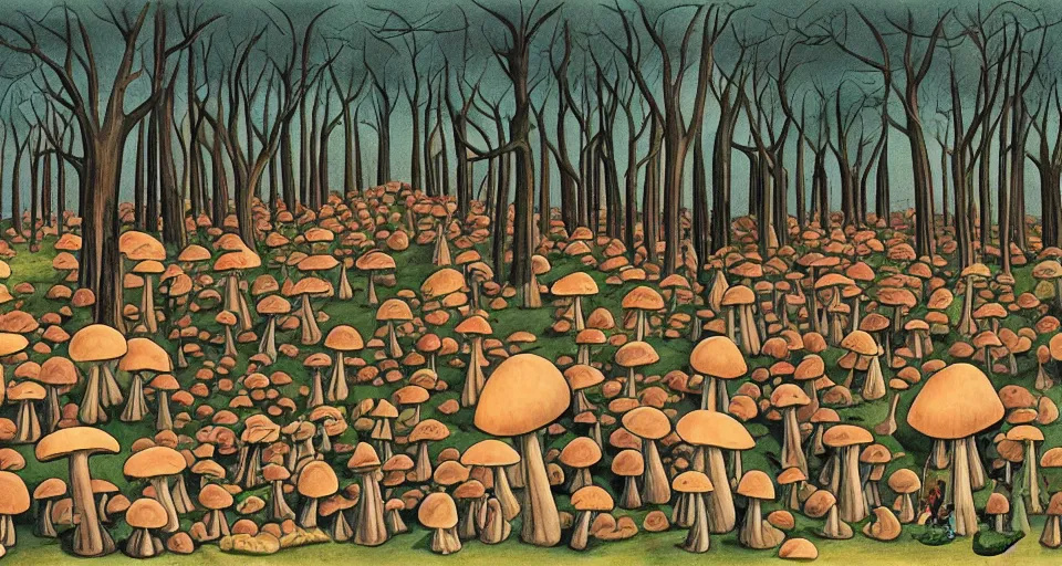 Prompt: A tribal village in a forest of giant mushrooms, by Charles Addams