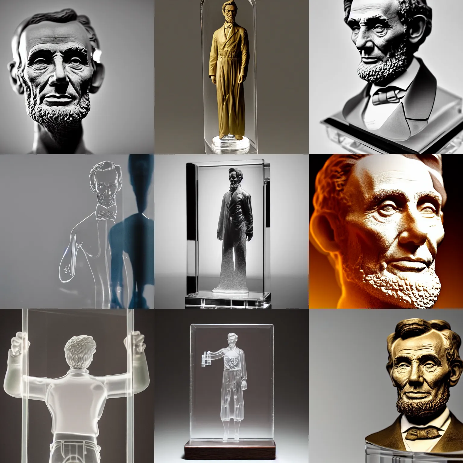 Prompt: product photography. rule - of - thirds. studio lighting. national geographic merchandise. transparent figurine. see - through. upper body portrait photograph of a transparent!!!!! glass!!!!! statuette of abraham lincoln. award winning concept.