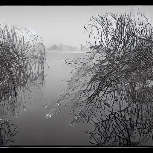 Image similar to remains of the stems of lotus flowers mirrored on a river and looking like sharp geometric scribbles, soft Chinese bridge contour far in the background, light fog, highly detailed black and white photograph by René Burri, 35mm, f/11, ISO 100, concept art, cgsociety, octane render, trending on artstation, artstationHD, artstationHQ, unrealengine