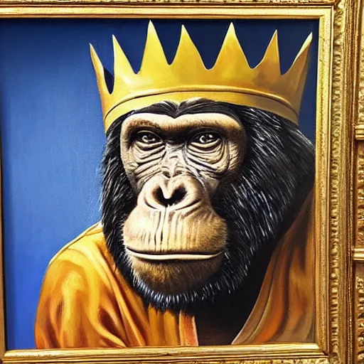 Image similar to oil painting of an ape with a golden crown and robes sat on a bed in A Bed bath and beyond store, incredibly detailed, insanely detailed, award winning art