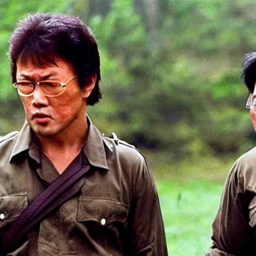 Image similar to a still of Rambo First blood with Kim Jong-il on the role of John Rambo