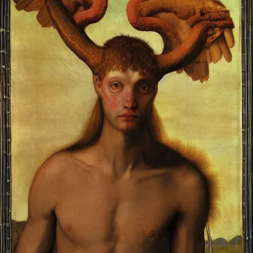 Image similar to a demonic eagle-eyed faun Jan Van eyck john steuart curry