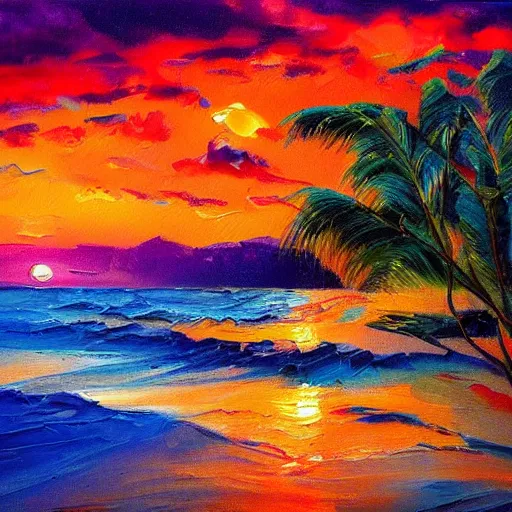 Prompt: an impasto oil painting of beautiful tropical islands during a colorful sunsetpainted by ken hong leung