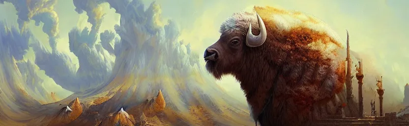 Image similar to sacred buffalo, acanthus scroll, ceremonial clouds, dripping paint, fibonacci rhythm, artstation, art germ, wlop, karol bak, christopher balaskas, ross tran