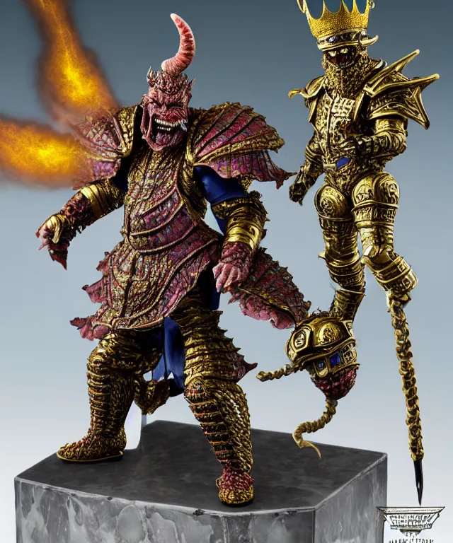 Image similar to hyperrealistic rendering, epic boss fight, ornate king emporer, jewel crown, war armor battle, demon lord, by art of skinner and richard corben, product photography, collectible action figure, sofubi