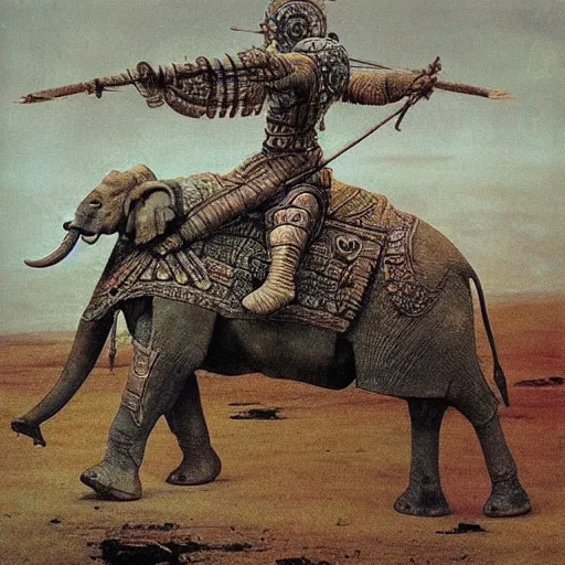 Image similar to ancient war elephant in ancient armor, beksinski