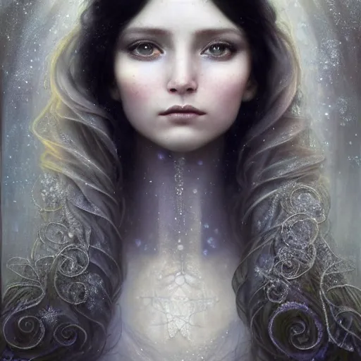 Prompt: Beautiful Delicate Detailed portrait of snow woman, With Magical grey eyes by Tom Bagshaw, Bastien Lecouffe Deharme, Erik Johansson, Amanda Sage, Alex Grey, Alphonse Mucha, Harry Clarke, Josephine Wall and Pino Daeni, Delicate winter frozen creature With long white windy Hair and Magical Sparkling Eyes, Magic Particles; Magic Swirls, in a oit of this world magical frozen landscape, 4K; 64 megapixels; 8K resolution concept art; detailed painting; digital illustration; hyperrealism; trending on Artstation; Unreal Engine Photorealistic, lifelike, Unreal Engine, sharp, sharpness, detailed, 8K