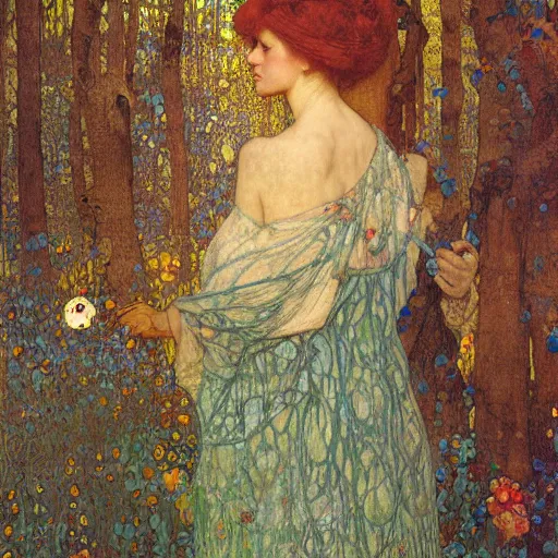 Prompt: detailed painting of a dreamy woman in a romantic forest with mathematical drawings of geometrical networks, 4 k, by waterhouse, mucha, klimt