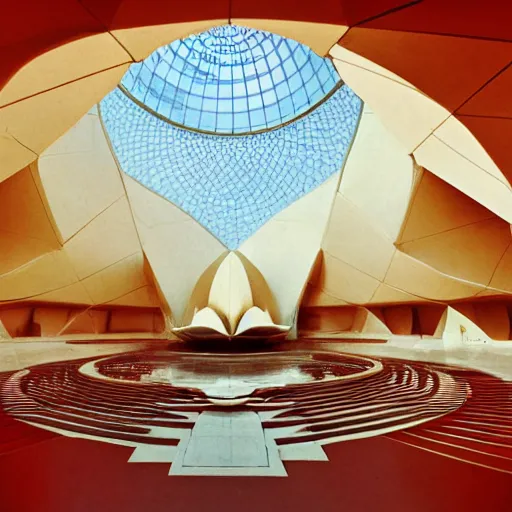 Image similar to interior of a futuristic lotus temple with gold, red and white marble panels, in the desert, by buckminster fuller and syd mead, intricate contemporary architecture, photo journalism, photography, cinematic, national geographic photoshoot