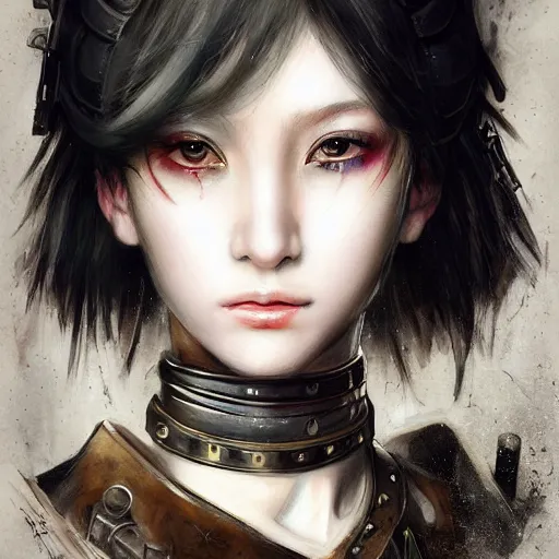 Image similar to portrait of a girl by ayami kojima, mixture between japanese and russian, she is about 2 0 years old, messy black bob hair, very tall and slender, she is wearing a steampunk tactical gear, highly detailed portrait, digital painting, artstation, concept art, smooth, sharp foccus ilustration, artstation hq