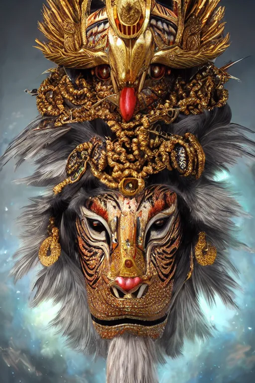 Prompt: masterful fantastic realist painting an exotic ancient feathered and bejeweled bird wearing an exquisite and fiercely painted bugaku mask of a tiger, gold chains strung like tinsel, digital painting trending on artstation, nose ring, volumetric lighting and mist, cosplay, portrait painting, hyperrealistic, octane render