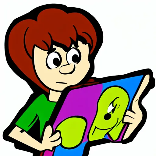 Image similar to shaggy from scooby doo holding laptop cartoon, disney, children's illustration, character