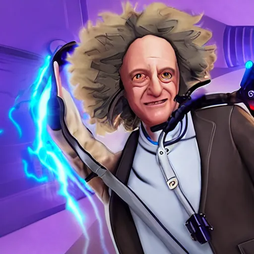 Image similar to screenshot of doctor emmett brown as an overwatch hero