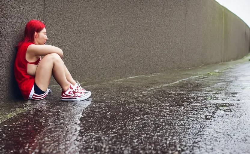 Prompt: side view of the legs of a woman sitting on a curb, very short pants, wearing red converse shoes, wet aslphalt road after rain, blurry background, sigma 8 5 mm