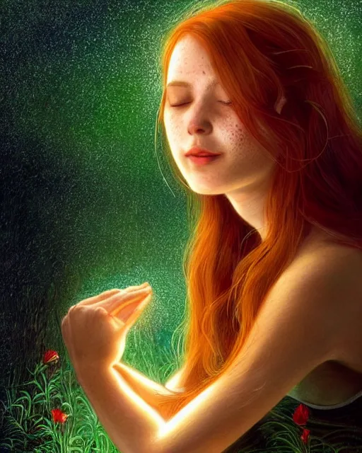 Image similar to a young woman, amazed by the lights of golden fireflies, sitting in the midst of nature fully covered, long loose red hair, intricate linework, open green eyes, small nose with freckles, oval shape face, soft happy smile, realistic, expressive emotions, mystical scene, hyper realistic ultrafine detailed illustration by james jean and albert bierstadt and artgerm