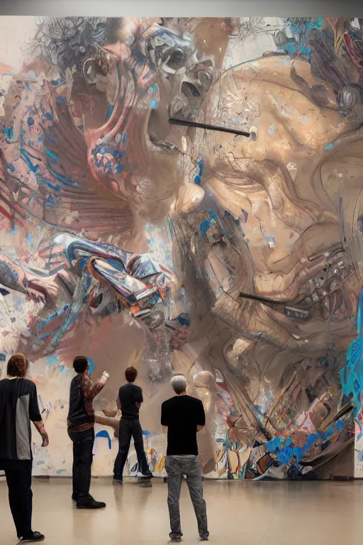 Prompt: Oil painting of people looking at a large graffiti painting in a contemporary museum, intricate, highly detailed, smooth, artstation, painting by moebius and james jean and Artgerm and yoshitaka Amano and Greg Rutkowski and Zdislav Beksinski