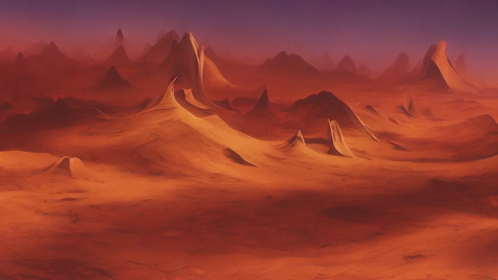 Prompt: otherworldly atmosphere of an alien mountain red desert planet by zaha hadid and arthur haas and bruce pennington and john schoenherr, cinematic matte painting, 8 k dark moody colors
