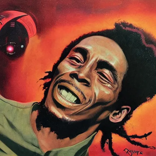 Image similar to scifi Bob Marley by Robert McGinnis, pulp comic style, circa 1958, photorealism