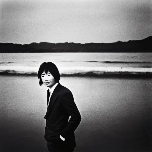 Image similar to japanese man with long hair in a suit standing in the ocean looking at the camera, wide shot, far away, sunset, album cover, 1980, tatsuro yamashita