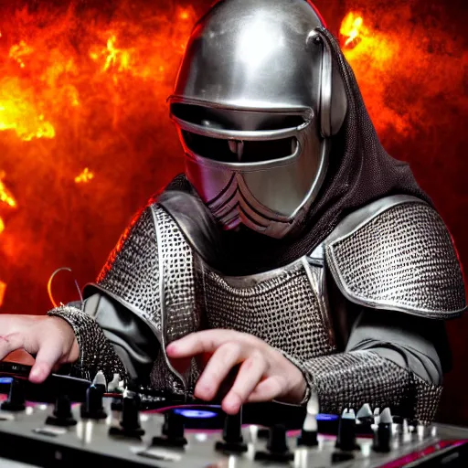 Image similar to photograph of a dubstep dj in holy templar knight armor djing during a medieval party, 8 k resolution, high detail