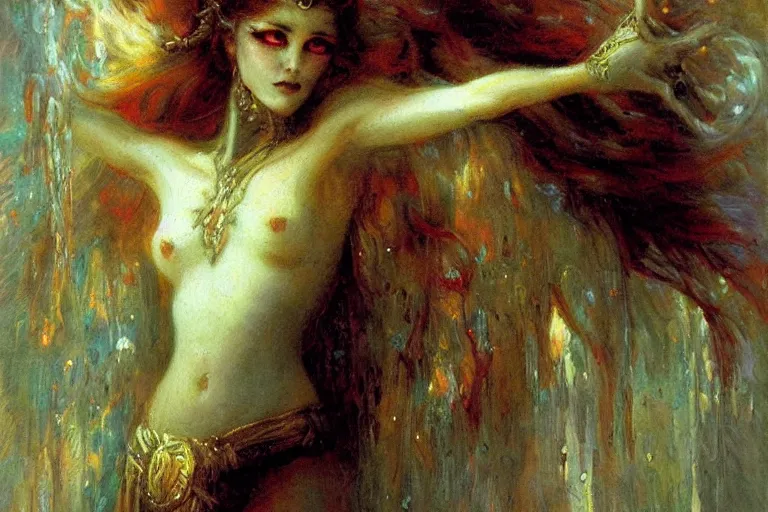 Image similar to portrait of the personification of the goddess of nightmares. art by gaston bussiere.