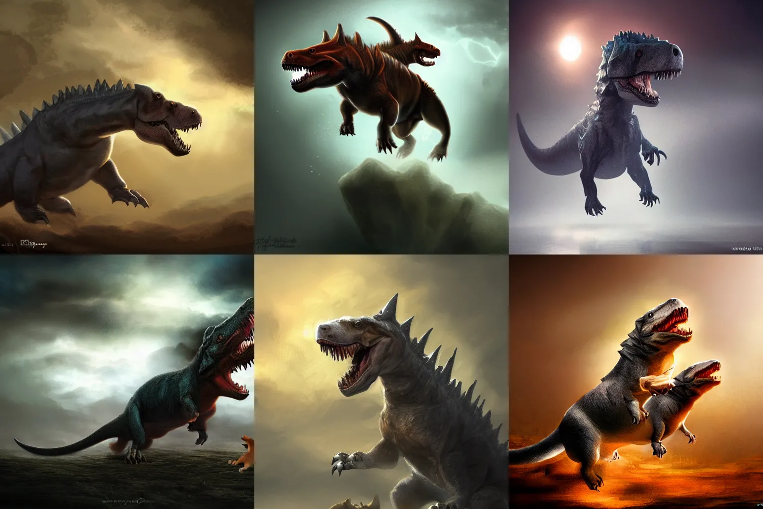 Prompt: corgi riding a roaring tyrannosaurus rex, dramatic lighting, ground fog, trending on art station