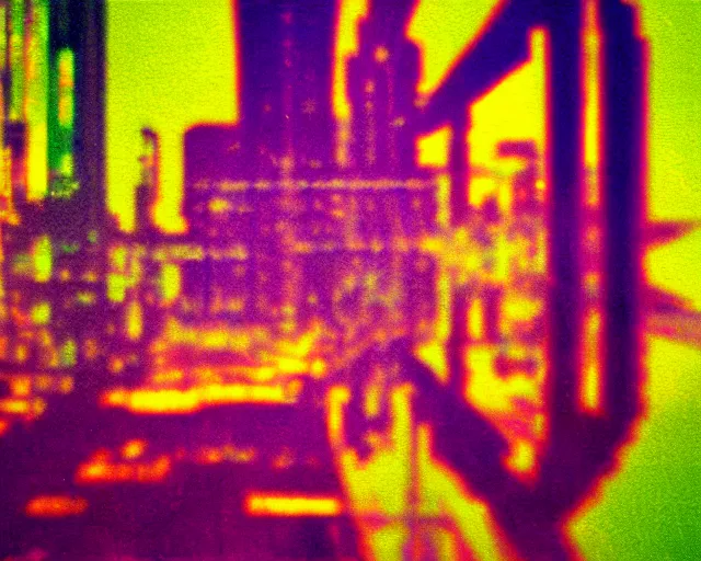 Image similar to futuristic chrome city, violet and yellow sunset, digital photo, atmospheric, whimsical and psychedelic, grainy, expired film, glitched