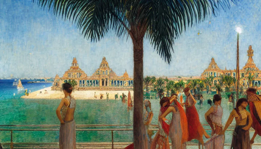 Prompt: a ultradetailed beautiful painting of the amazonas palace balustrade designed by jules bastien - lepage, tarsila do amaral, frank weston and gustave baumann, beach, trending on artstation, mediterranean, palm trees, sharp focus, colorful refracted sparkles and lines, soft light, 8 k 4 k