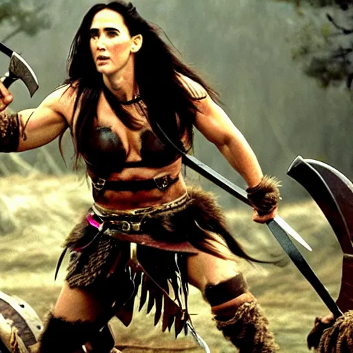 Prompt: jennifer connelly as a barbarian warrior, battle scene