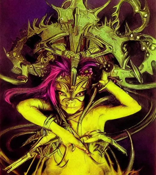 Prompt: evil princess of the wasteland, scrap metal headdress, strong line, vivid neon color, yellow purple, beautiful! coherent! by brian froud, by frank frazetta, low angle