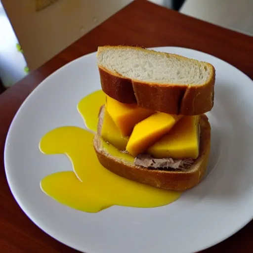 Image similar to sandwich with foie gras and honey and mango, amateur photo