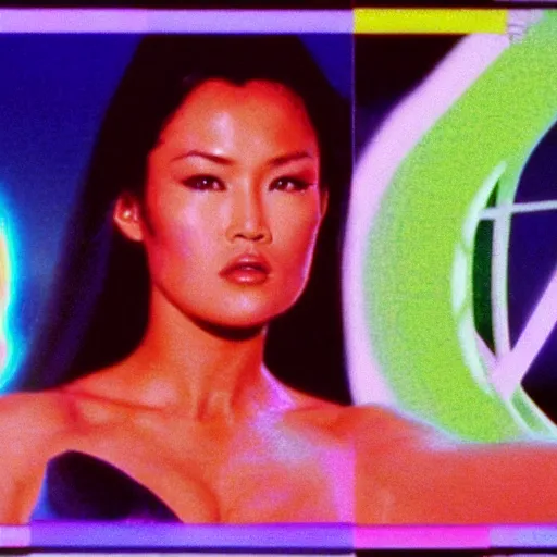 Image similar to a VHS still of a concept art with a photo of Tia Carrere in a vaporwave artwork composition, Windows98 logo, in the movie Lifeforce (1985) 8k, intricate, pastel colors