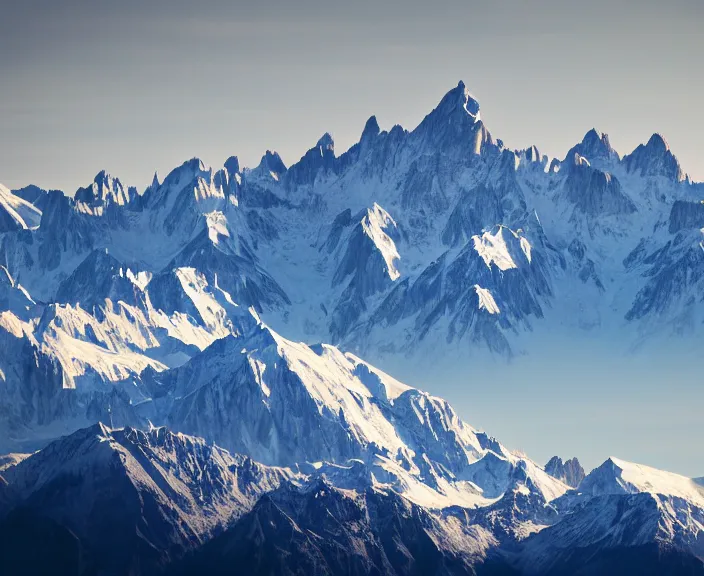 Prompt: 4 k hd, high detail photograph of mont blanc from far away, shot with sigma f / 4. 2, 2 5 0 mm sharp lens, wide shot, consistent, volumetric lighting, high level texture render