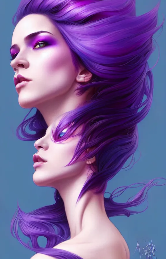 Image similar to Purple hair relistic Portrait of a woman with bright colored flying hair, all shades of purple. Beauty face, Hair coloring, fantasy, intricate, elegant, highly detailed, digital painting, artstation, concept art, smooth, sharp focus, illustration, art by artgerm and greg rutkowski and alphonse mucha