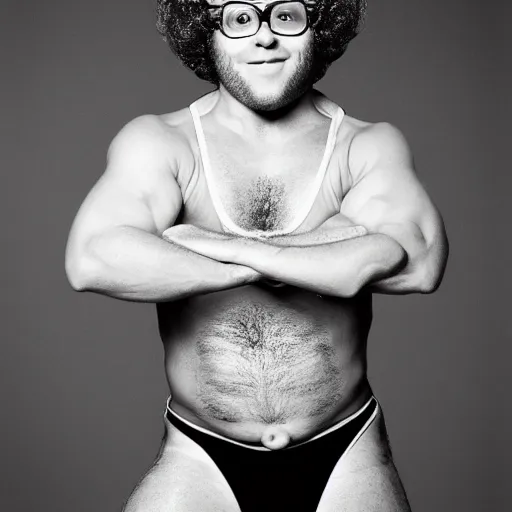 Image similar to seth rogan as richard simmons, photograph