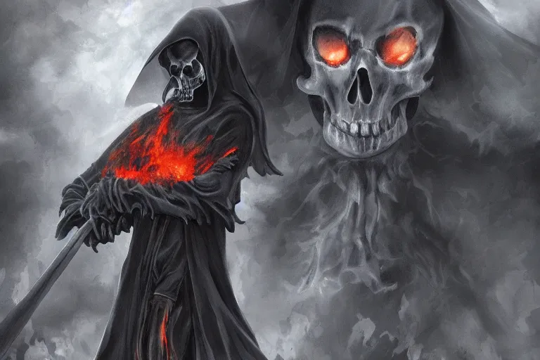 Prompt: a close shot of grim reaper standing in black smoke the style of attack on titans, anime, detailed, gloomy, horror, scary, doom, terrifying, frightful, digital art,