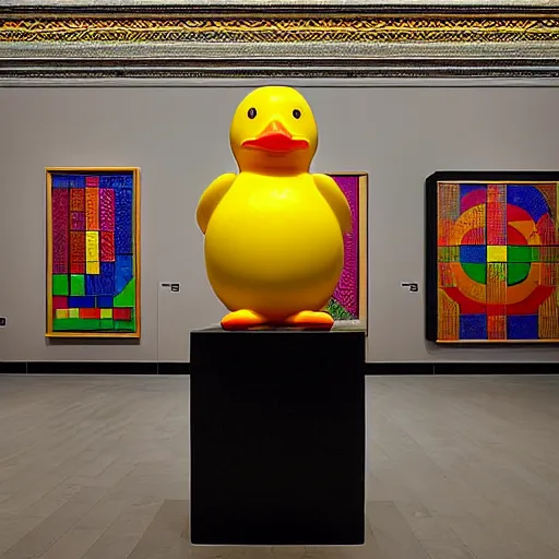 Image similar to wide shot, one photorealistic rubber duck in foreground on a pedestal in an museum gallery, british museum, the walls are covered with colorful geometric wall paintings in the style of sol lewitt, tall arched stone doorways, through the doorways are more wall paintings in the style of sol lewitt.