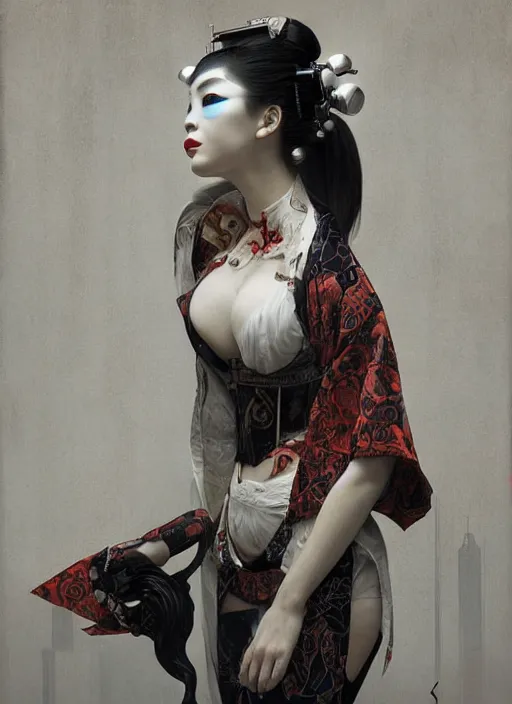 Image similar to portrait of a seductive cyberpunk latex geisha, modern fine art, fractal, in the style of ghosts in the machine, intricate ornaments, elegant, highly detailed, digital photography, subsurface scattering, by greg rutkowski,