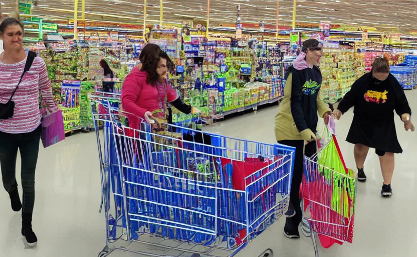 Prompt: blursed and glitched people shopping at walmart