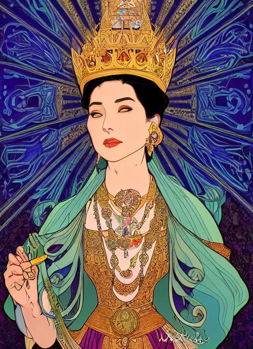 Image similar to well - lit art nouveau portrait of queen sirikrit of thailand, natural lighting, path traced, highly detailed, high quality, photorealistic, cartoon, digital painting, by don bluth and ross tran and studio ghibli and alphonse mucha